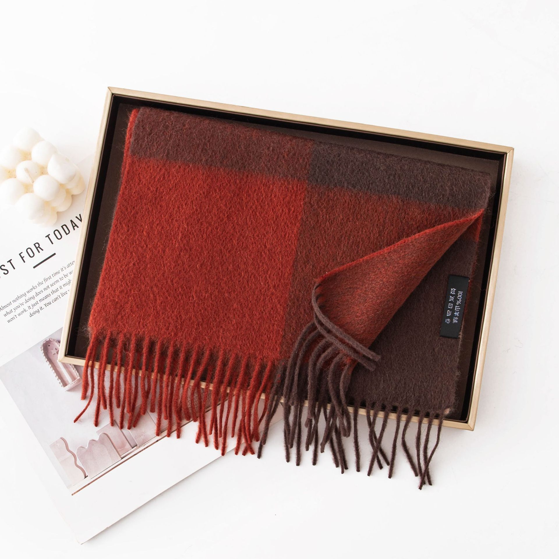 The Cashmere Plaid Scarf in Red Brown - Image 3
