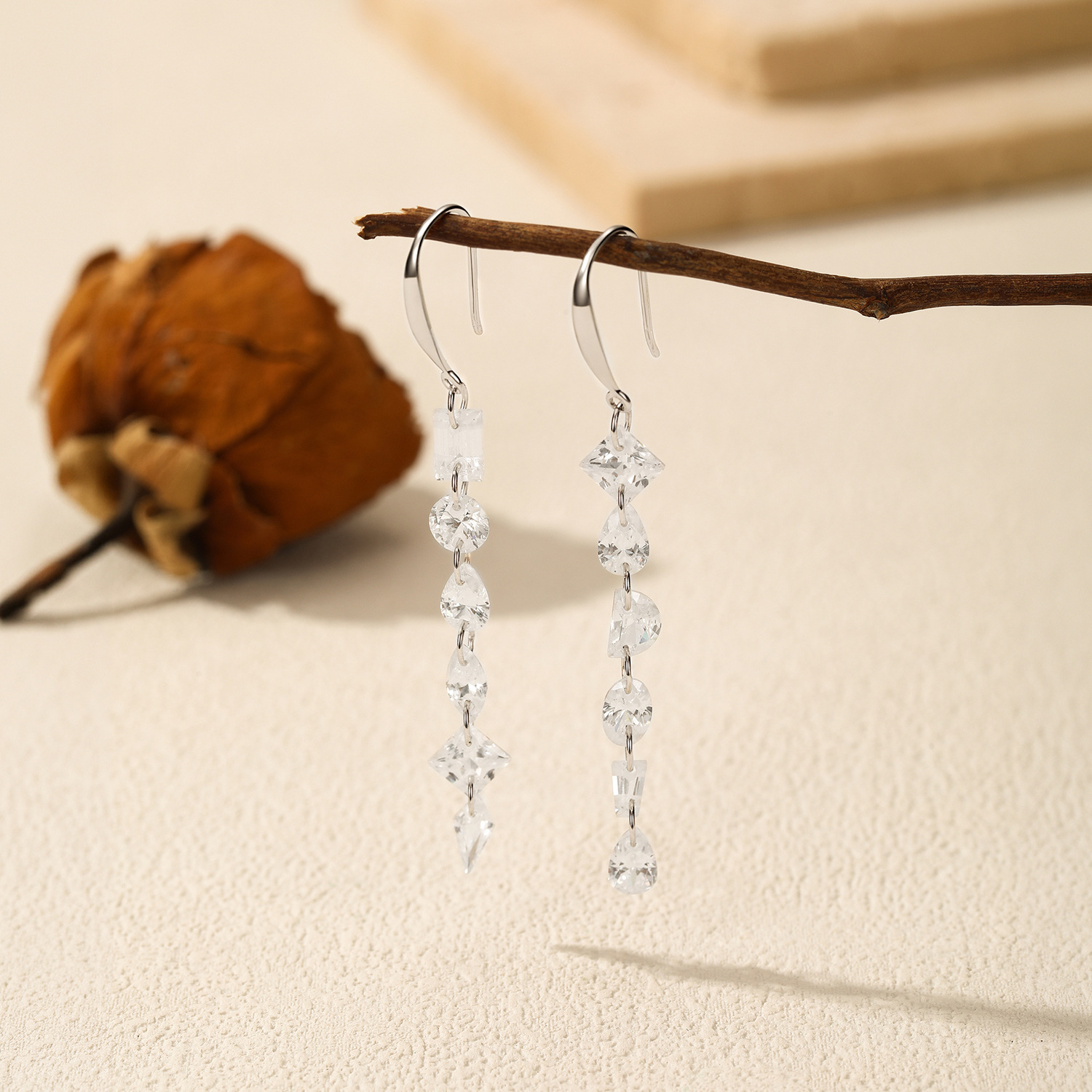 The S925 Sterling Silver Asymmetric Tassel Diamond Earrings - Image 4