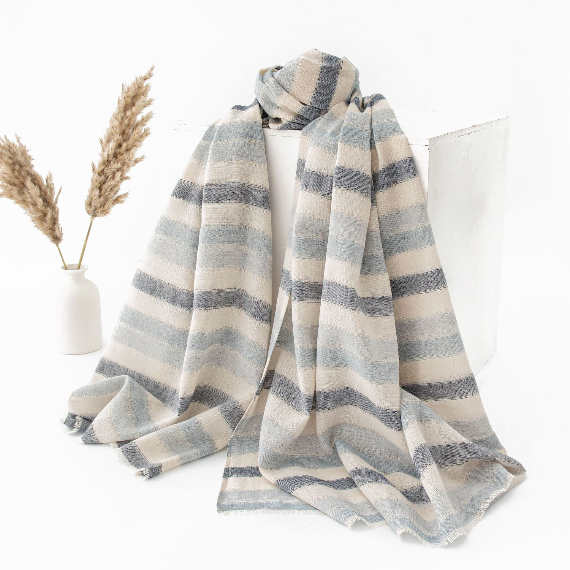 The Cotton Linen Striped Fringe Scarf