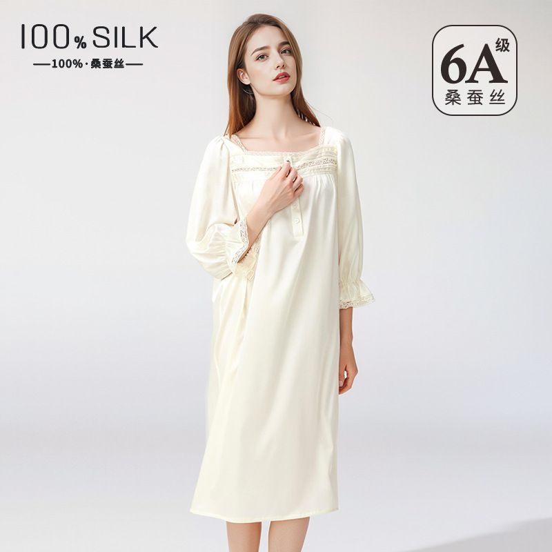The 100% Mulberry Silk Square Neck Puff Sleeve Nightgown - Image 3