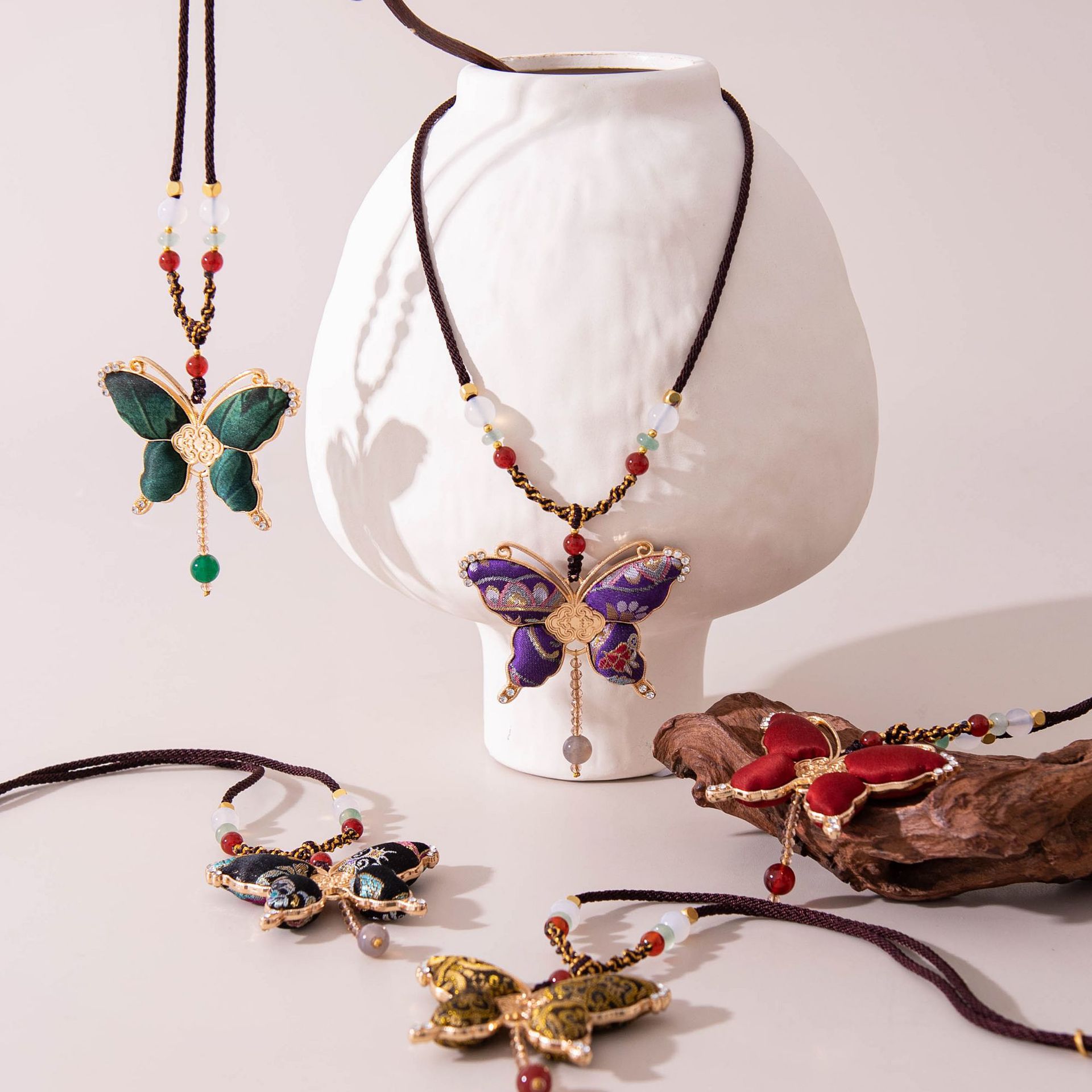 The Handmade Silk Song Brocade Butterfly Pendant Necklace - Image 2