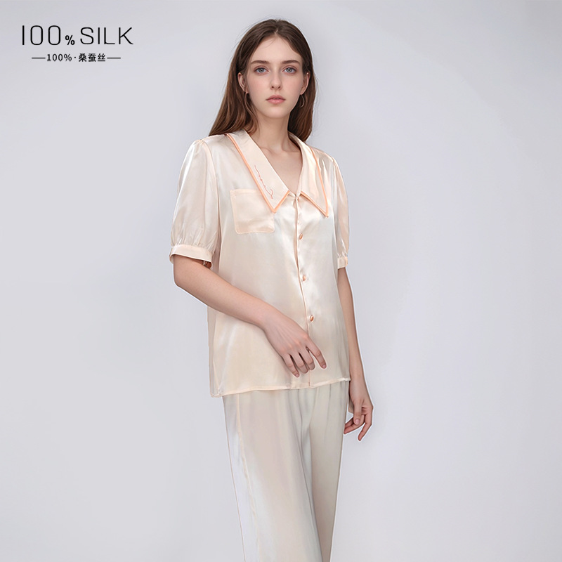 The 100% Mulberry Silk Short Sleeve Long Pants Pajama Set - Image 4