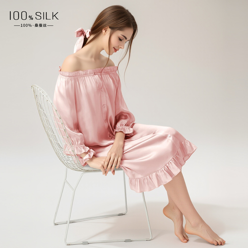 The 100% Mulberry Silk Off-Shoulder Puff Sleeve Nightgown - Image 4