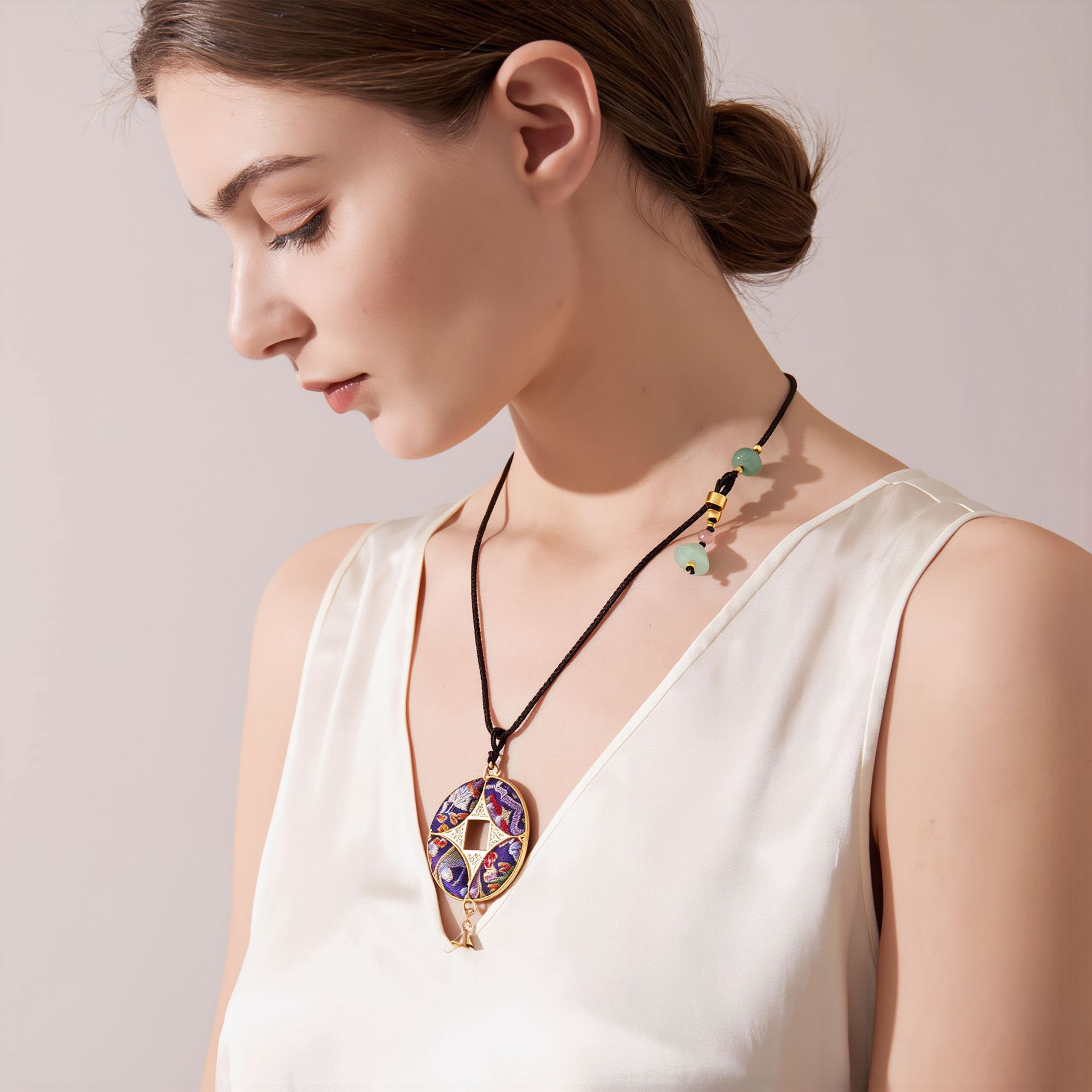 The Handmade Silk Song Brocade Ruyi Coin Pendant Necklace