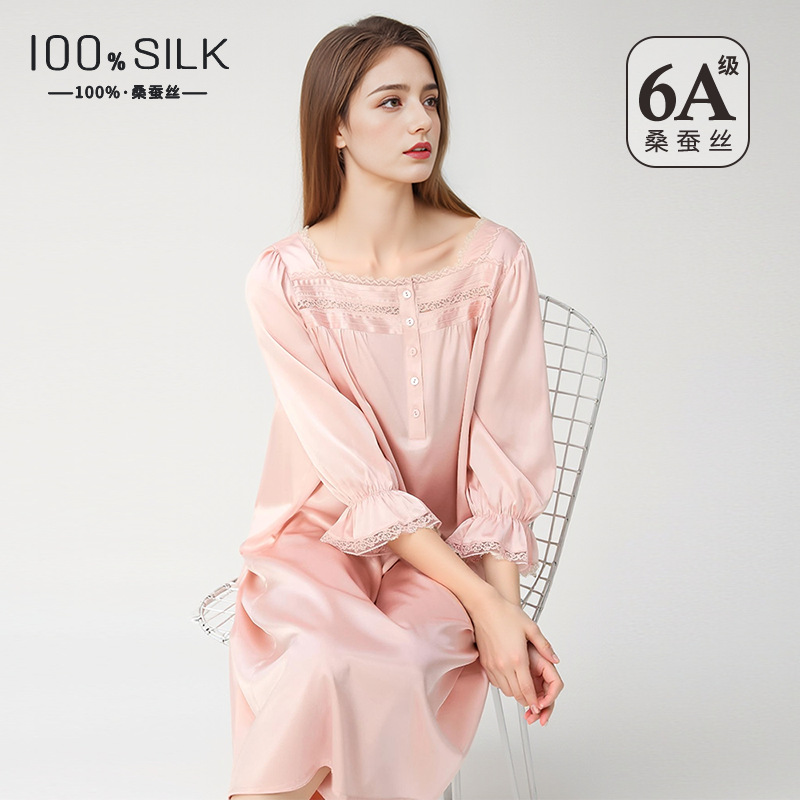 The 100% Mulberry Silk Square Neck Puff Sleeve Nightgown - Image 2