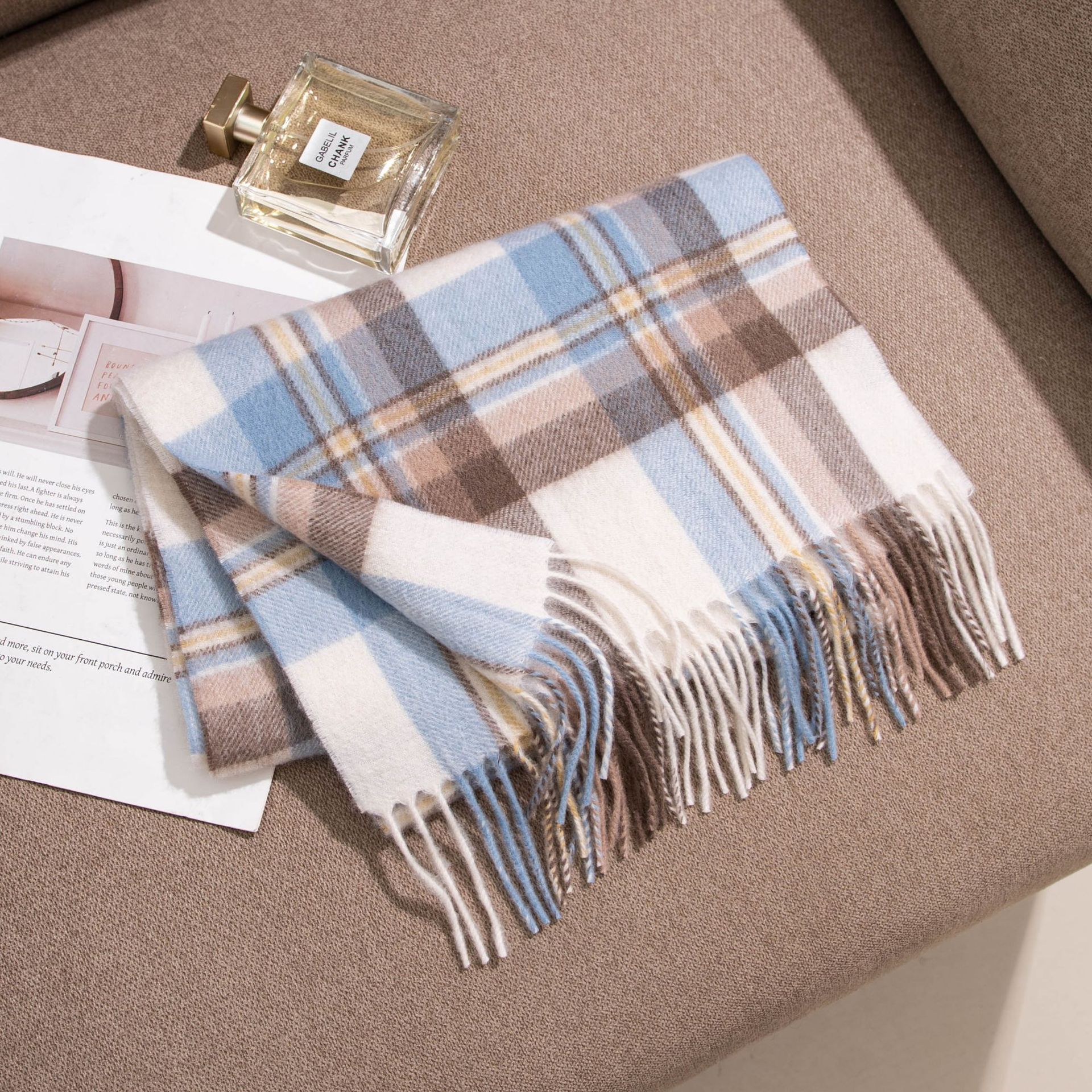 The 100% Cashmere Plaid Blue Scarf