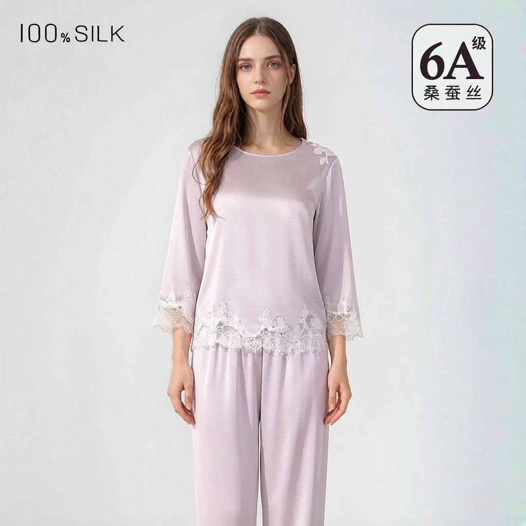 The 19 Momme 100% Mulberry Silk Crew Neck Pajama Set - Image 2