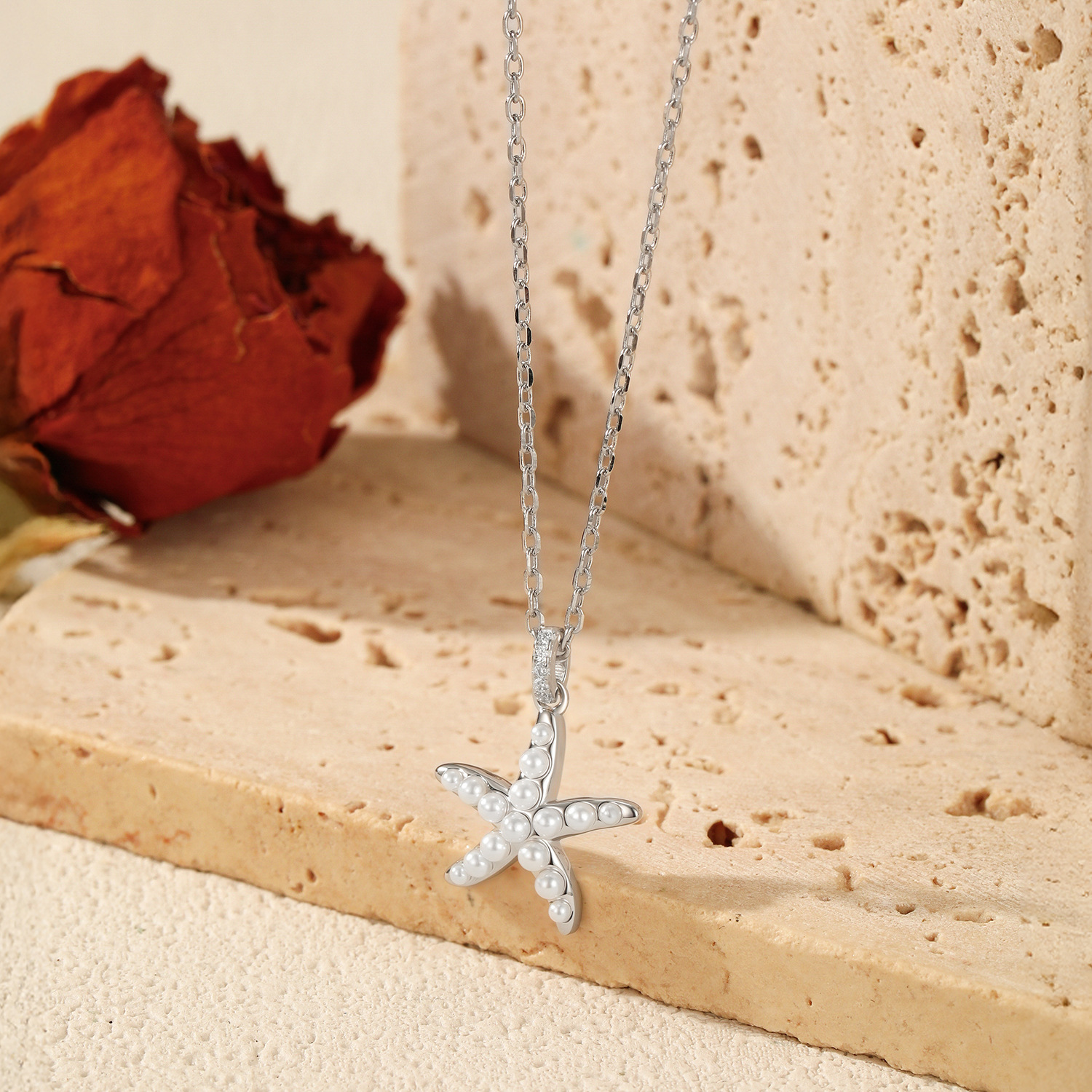 The S925 Sterling Silver Crystal Pearl Starfish Necklace - Image 4