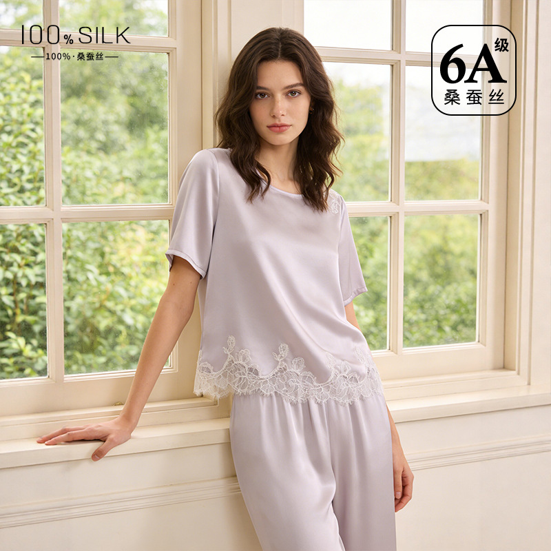 The 100% Mulberry Silk Short Sleeve Round Neck Pajama Set - Image 3