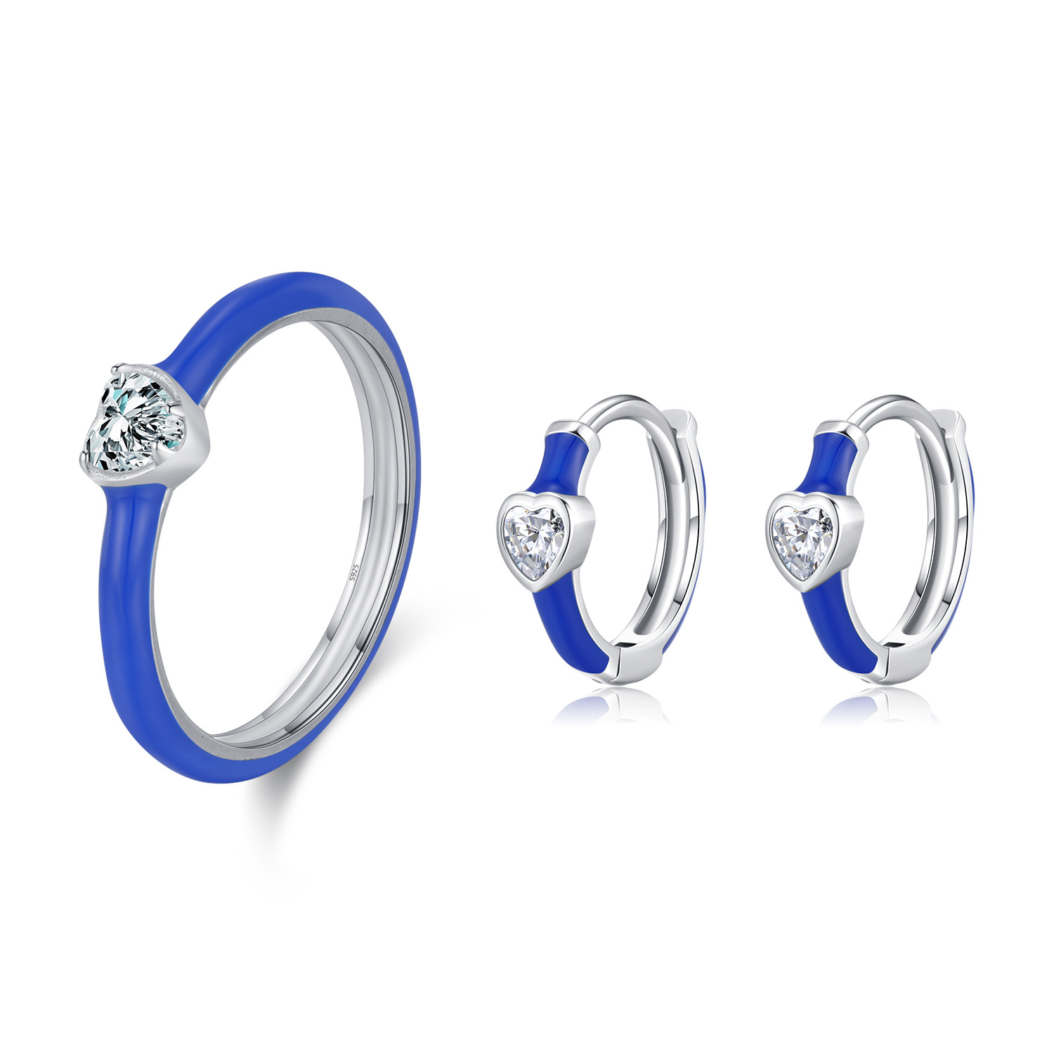 The S925 Sterling Silver Enamel Heart Rhinestone Ring and Earrings - Image 4