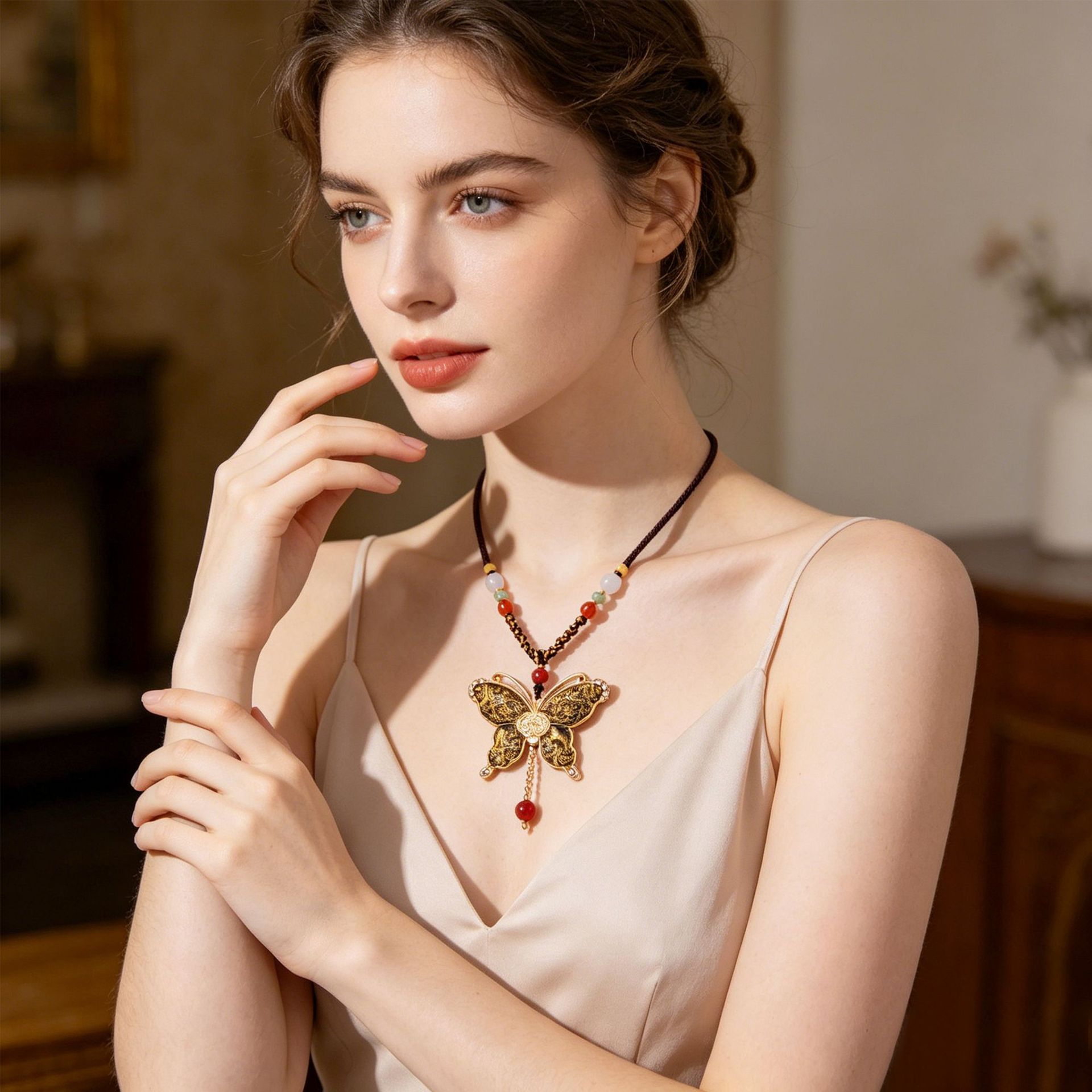 The Handmade Silk Song Brocade Butterfly Pendant Necklace