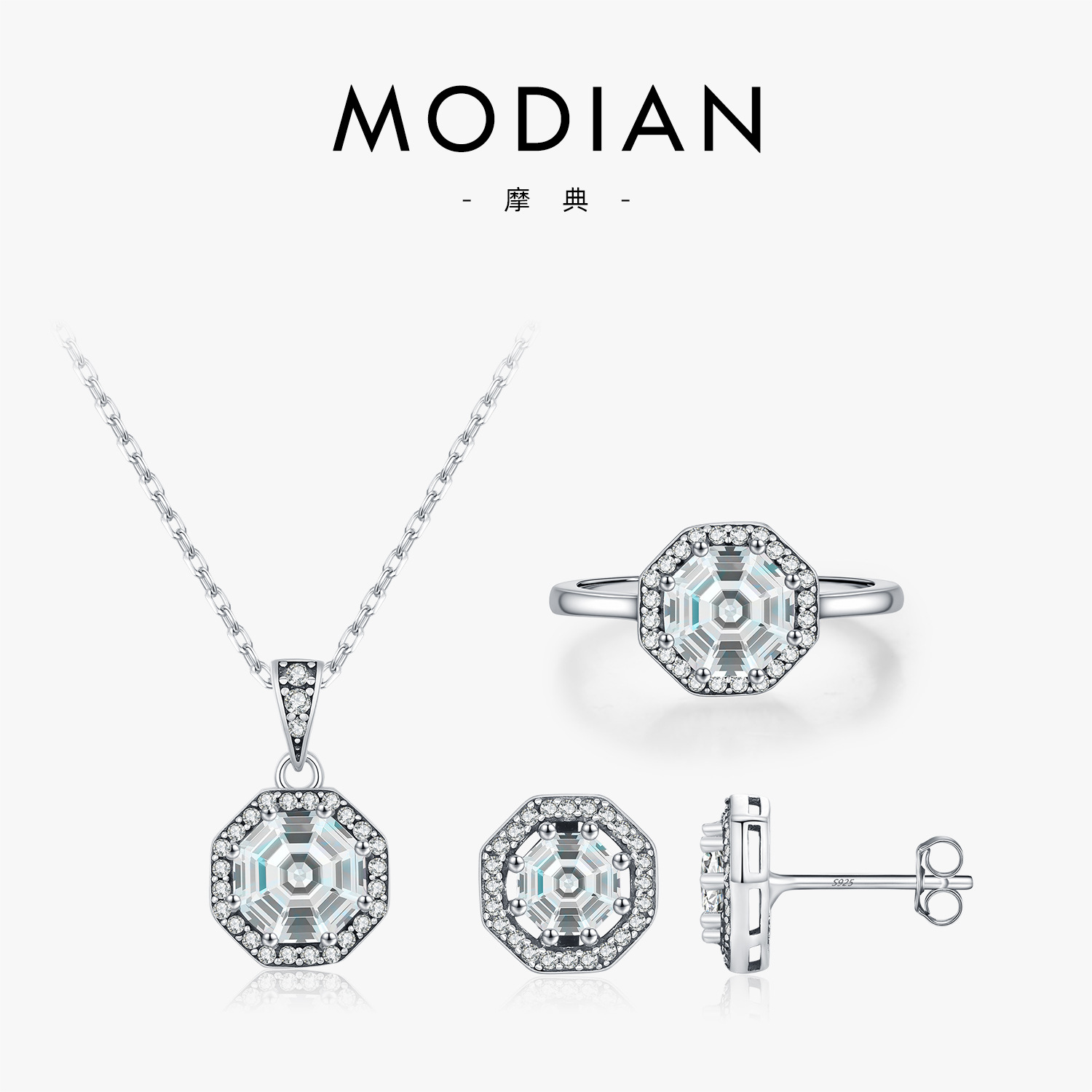 The S925 Sterling Silver Vintage Octagon Rhinestone Ring Necklace Earrings