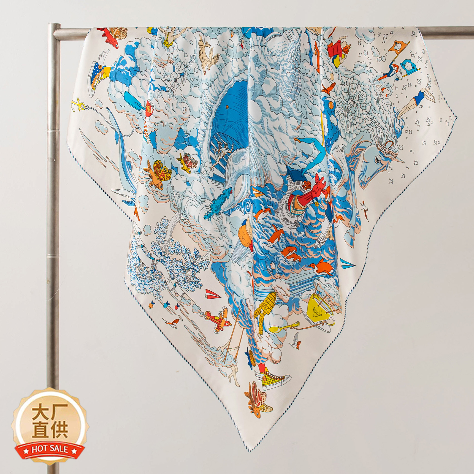 The Mulberry Silk Square Scarf with Blue White Print