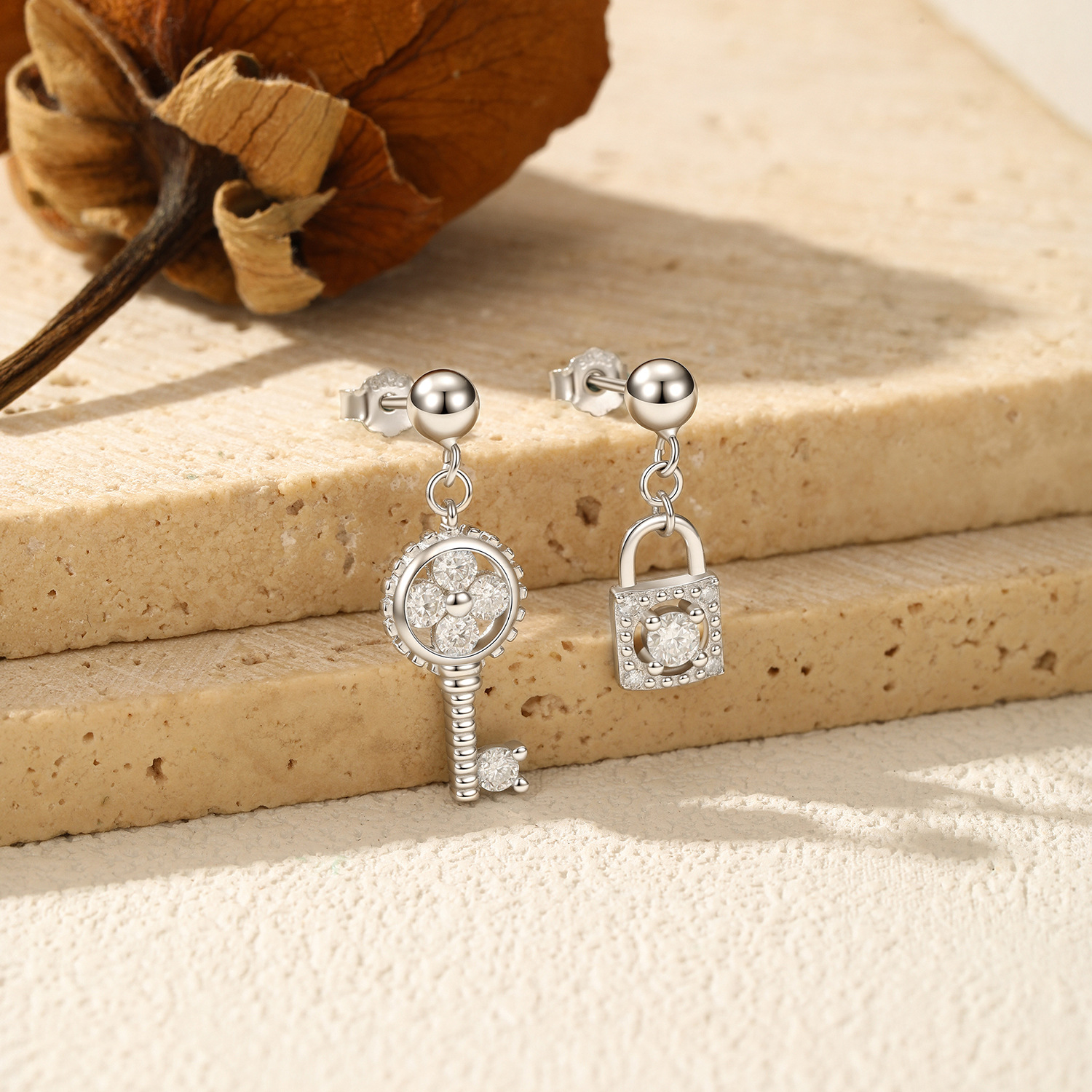The Moissanite S925 Sterling Silver Asymmetric Key Lock Earrings - Image 4