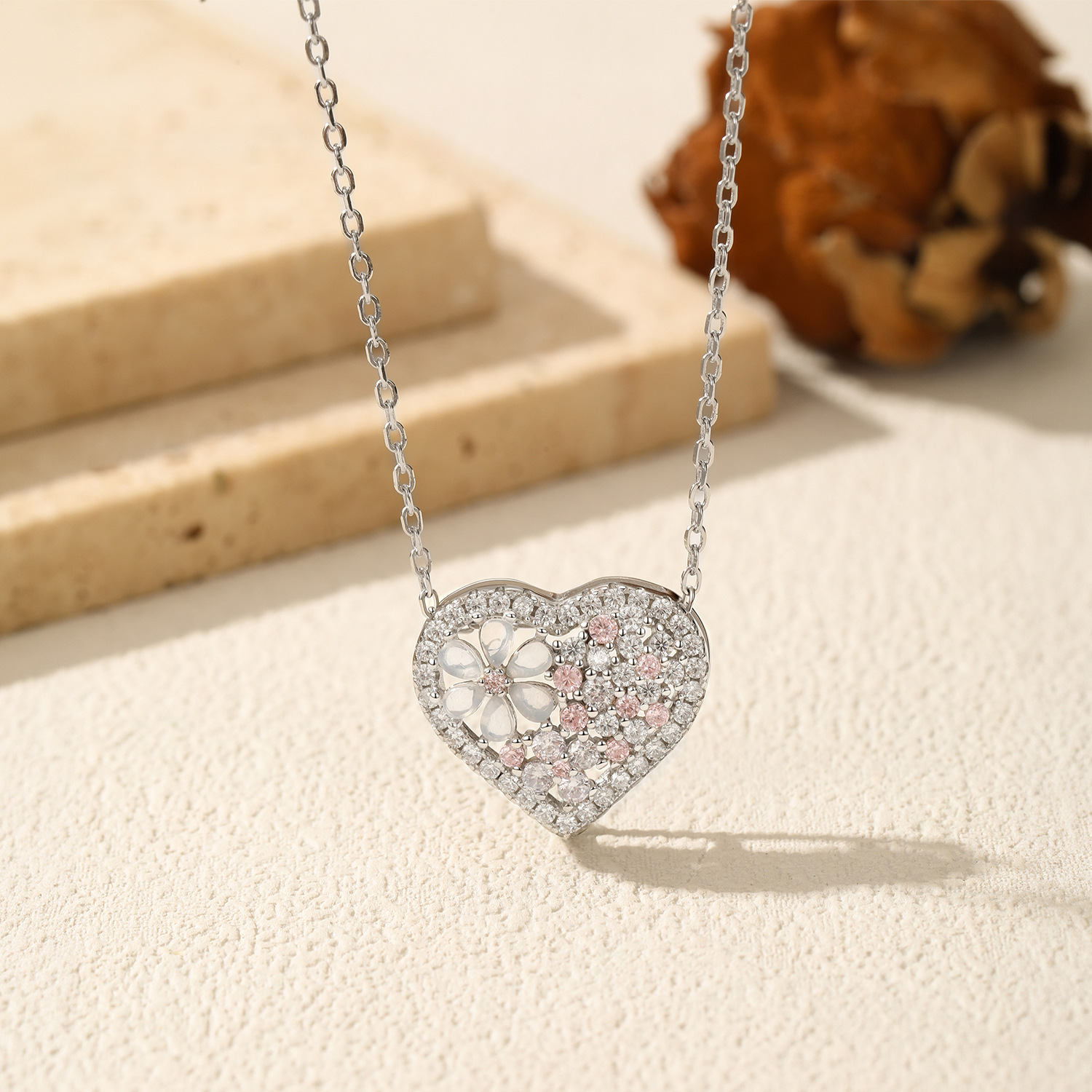 The S925 Sterling Silver Diamond Hollow Flower Heart Necklace - Image 4