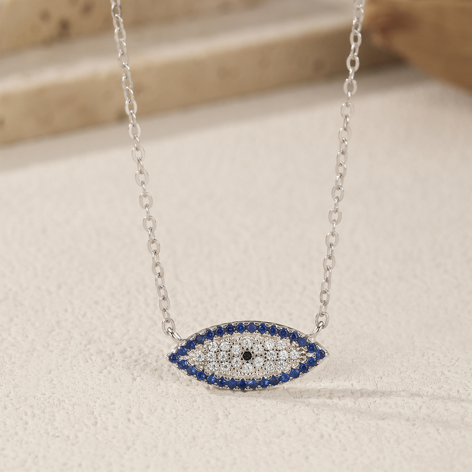 The S925 Sterling Silver Blue Cat Eye Rhinestone Collarbone Necklace - Image 4