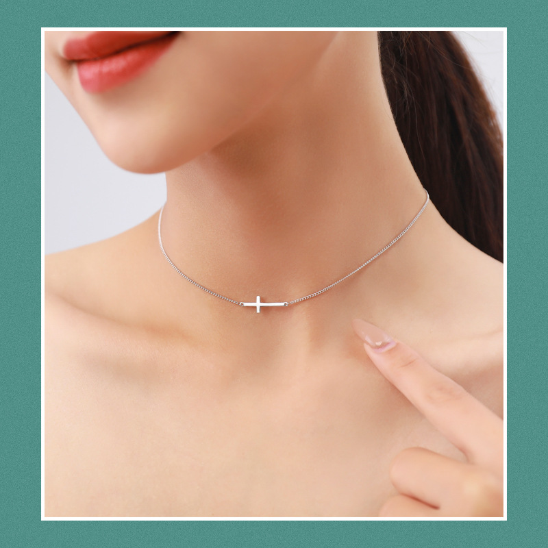 The S925 Sterling Silver Cross Choker Necklace - Image 2