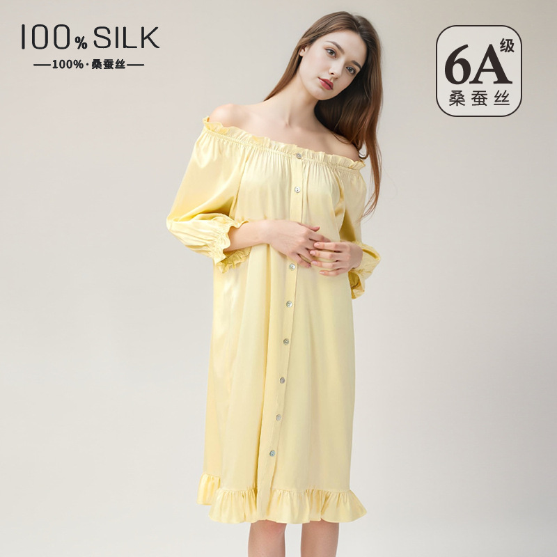 The 100% Mulberry Silk Off-Shoulder Puff Sleeve Nightgown - Image 2