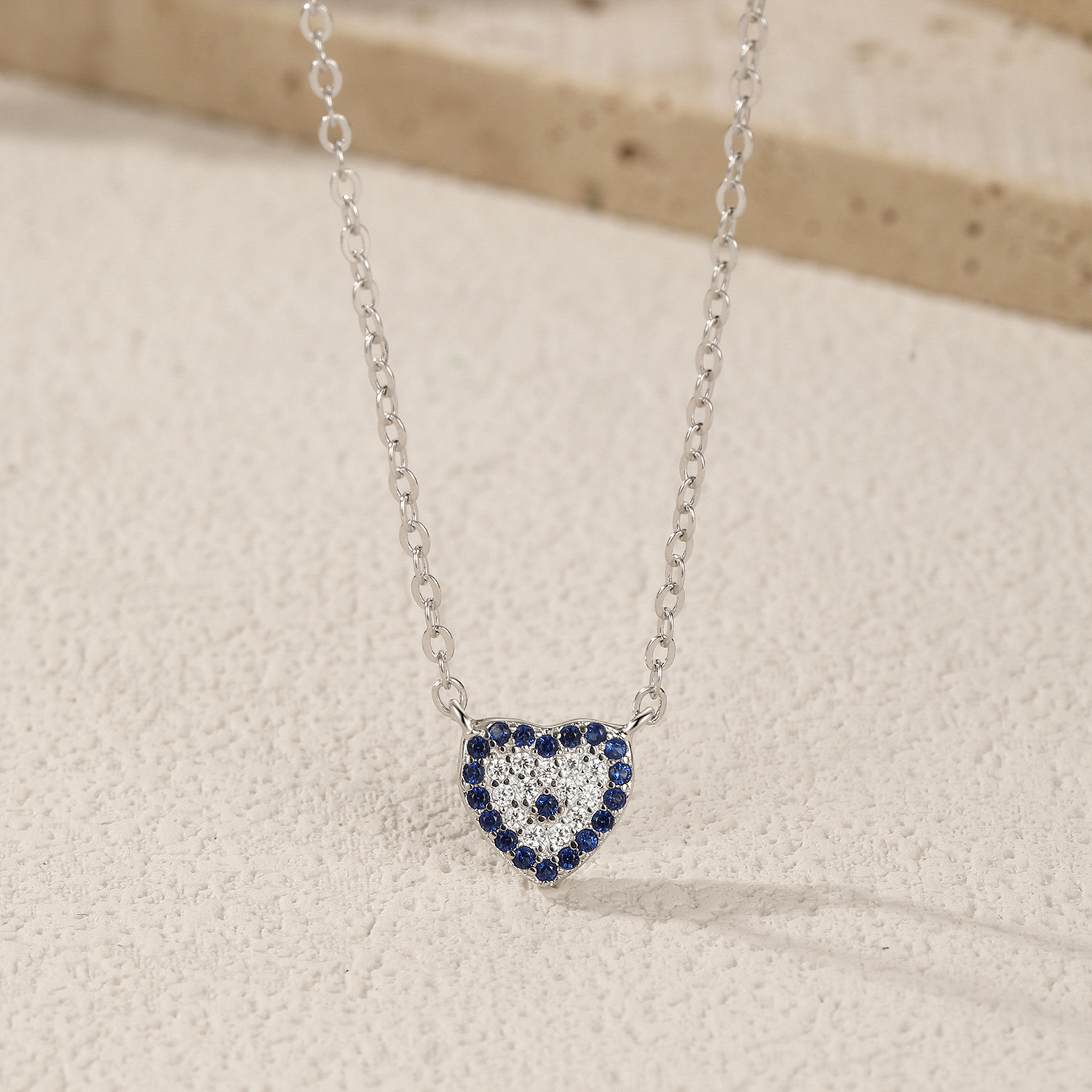 The S925 Sterling Silver Blue Full Diamond Small Heart Collarbone Necklace - Image 4