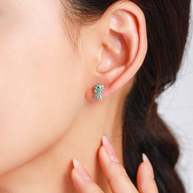 The S925 Sterling Silver Dinosaur Earrings with Green Zirconia - Image 2