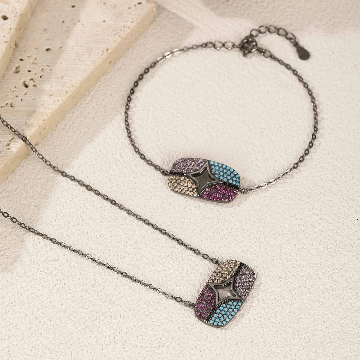 The S925 Sterling Silver Contrast Star Necklace and Bracelet Set - Image 4