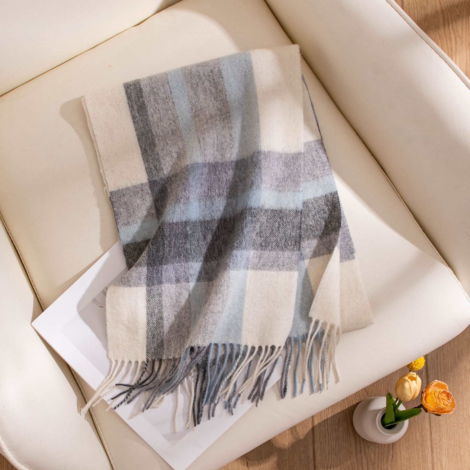 The 100% Wool Plaid Blue Scarf - Image 2