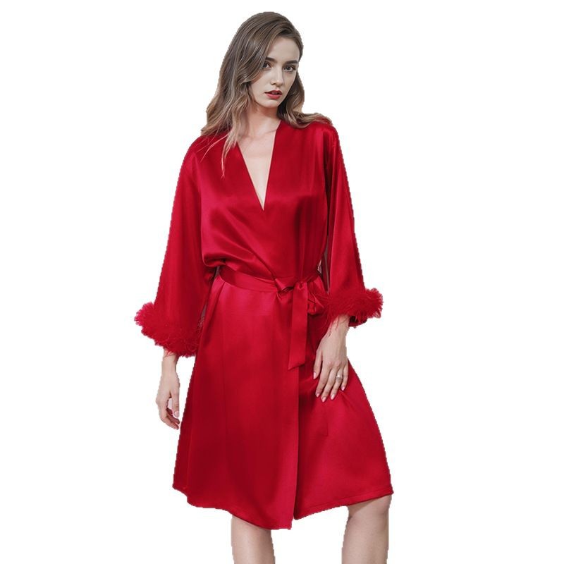 The 19 Momme 100% Mulberry Silk Robe with Detachable Feather Cuff - Image 5