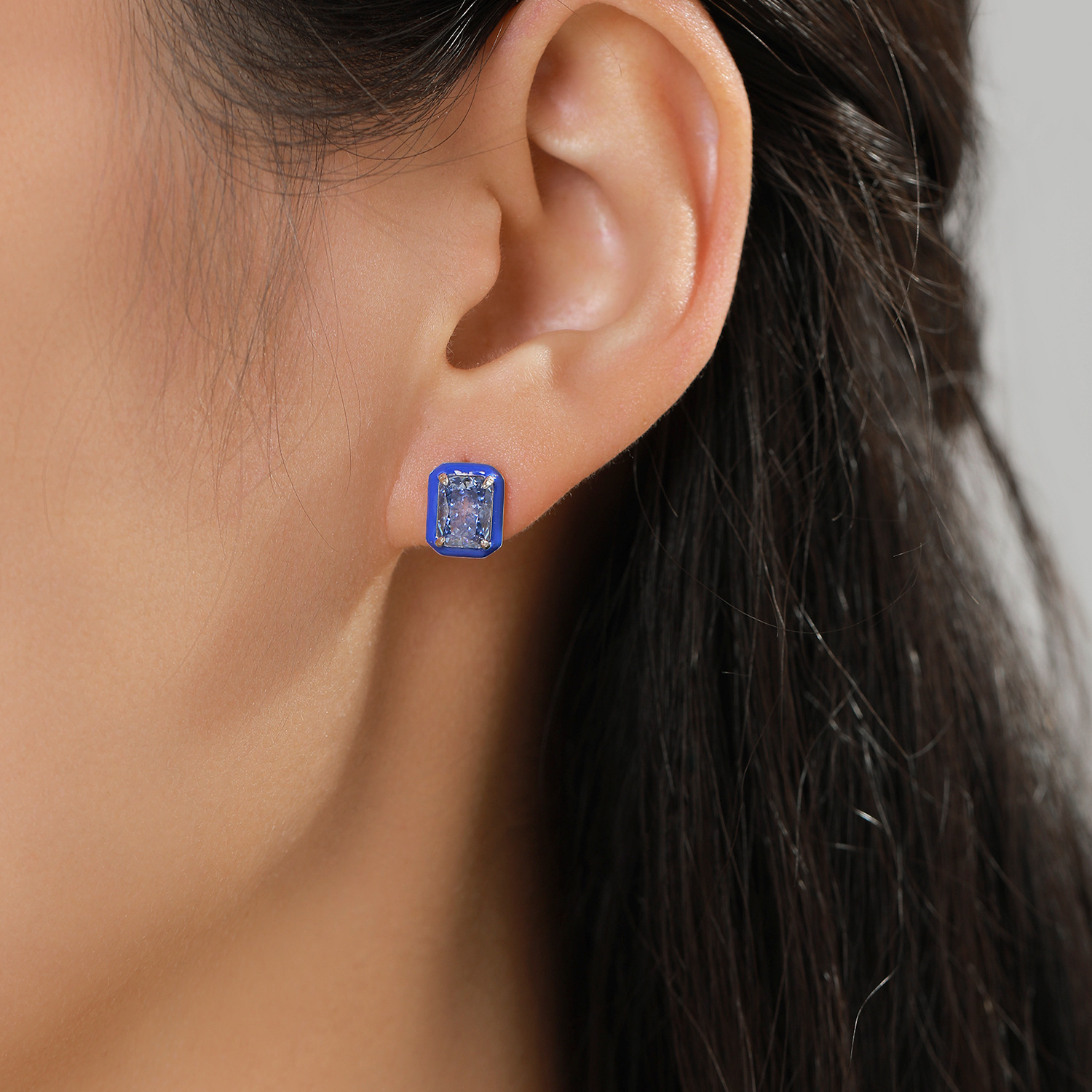 The S925 Silver French Geometric Ice Blue Rhinestone Enamel Earrings - Image 2