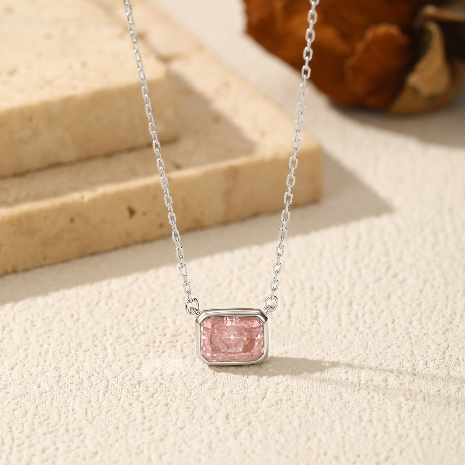 The S925 Sterling Silver Light Pink Cube Pendant Necklace - Image 4
