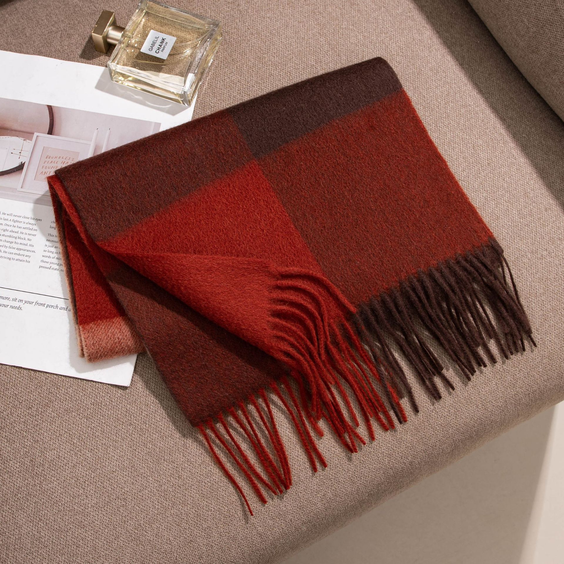 The Cashmere Plaid Scarf in Red Brown - Image 4