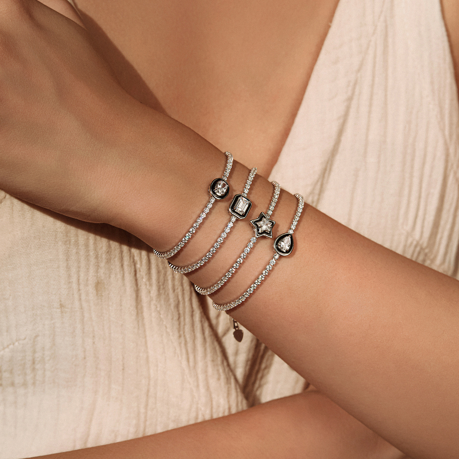 The S925 Sterling Silver Black Enamel Geometric Tennis Bracelet - Image 2