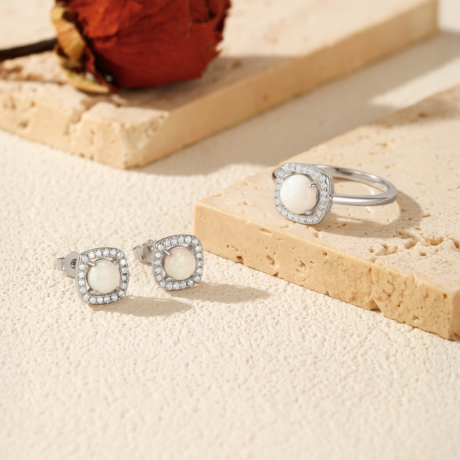 The S925 Silver Synthetic Opal Ring and Earrings - Image 3