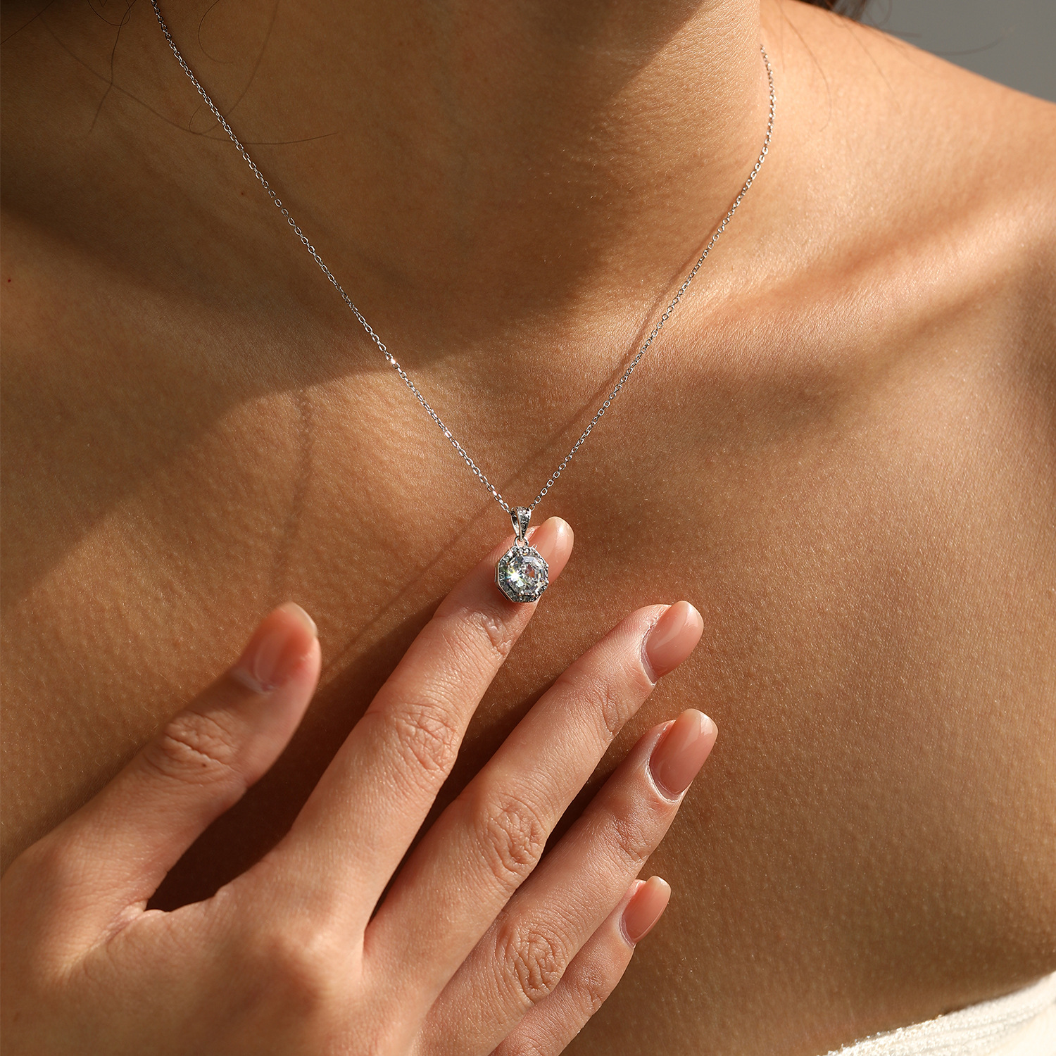 The S925 Sterling Silver Vintage Octagon Rhinestone Ring Necklace Earrings - Image 3