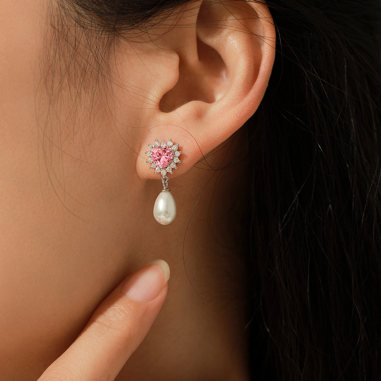 The S925 Sterling Silver Pearl Drop Earrings with Rhinestone Heart Hoop - Image 2