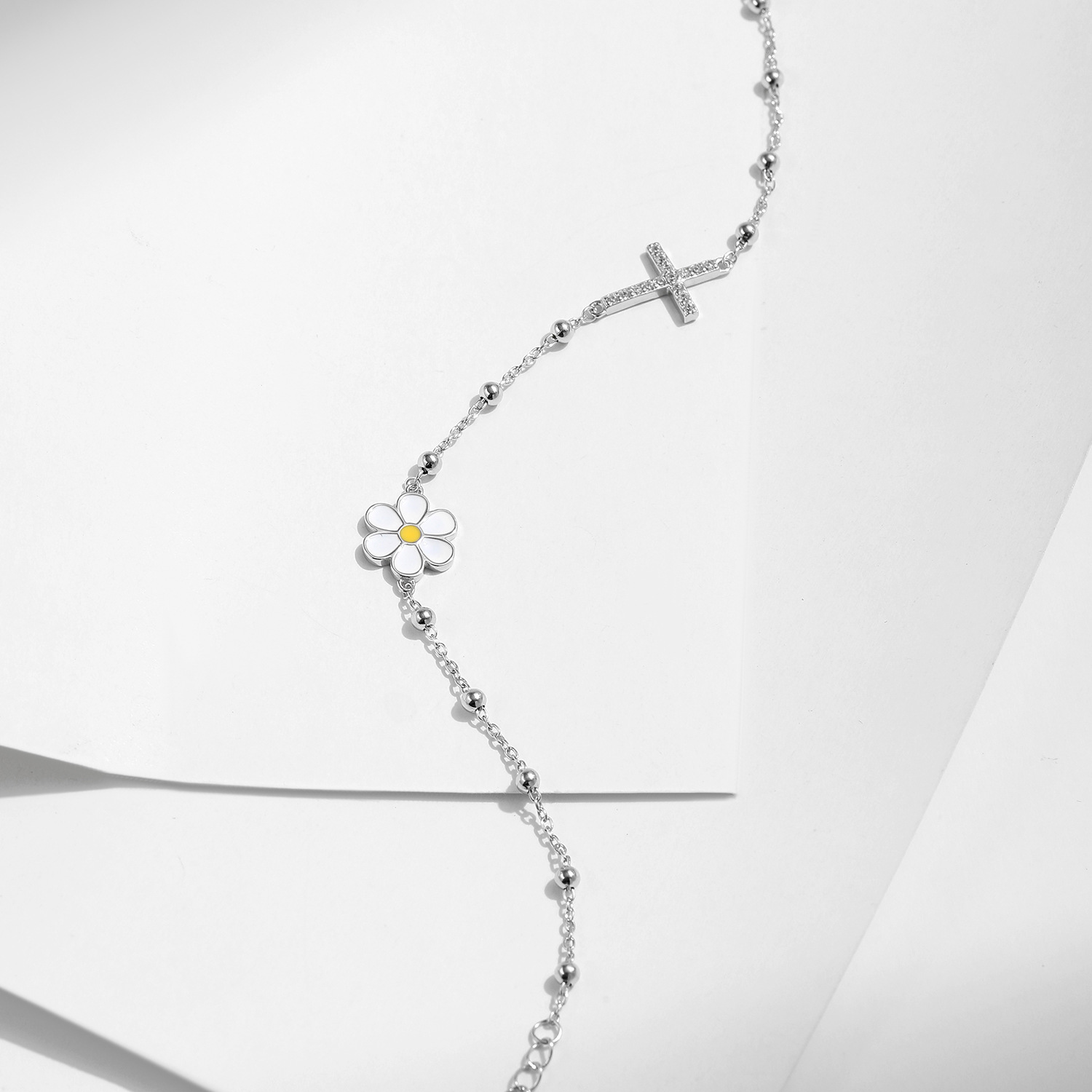The S925 Sterling Silver Daisy Cross Rhinestone Beaded Bracelet - Image 4