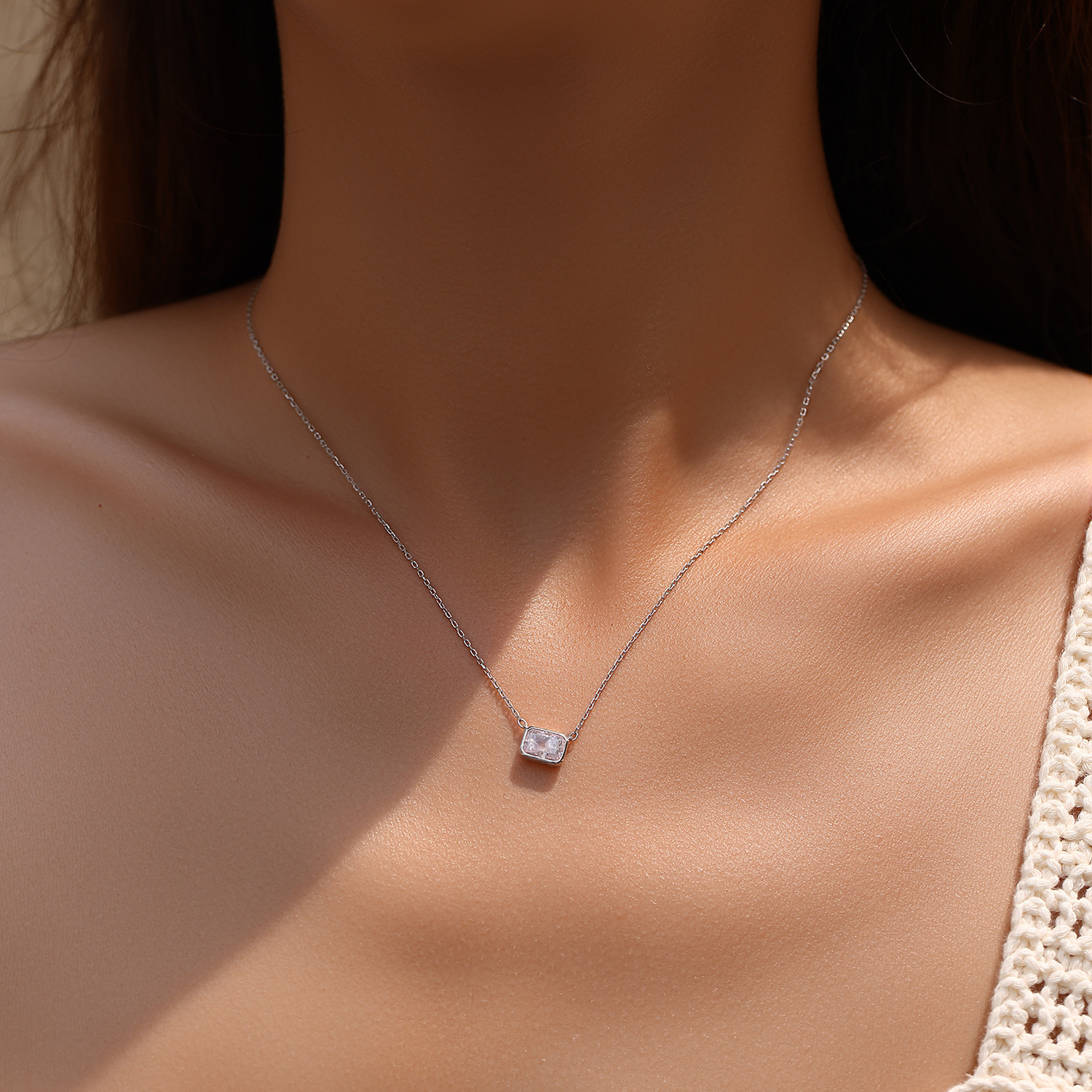 The S925 Sterling Silver Light Pink Cube Pendant Necklace - Image 2