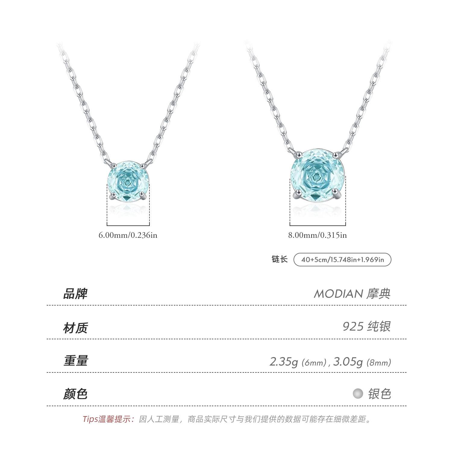 The S925 Silver Light Sea Blue Rose Cut Diamond Pendant Necklace - Image 3