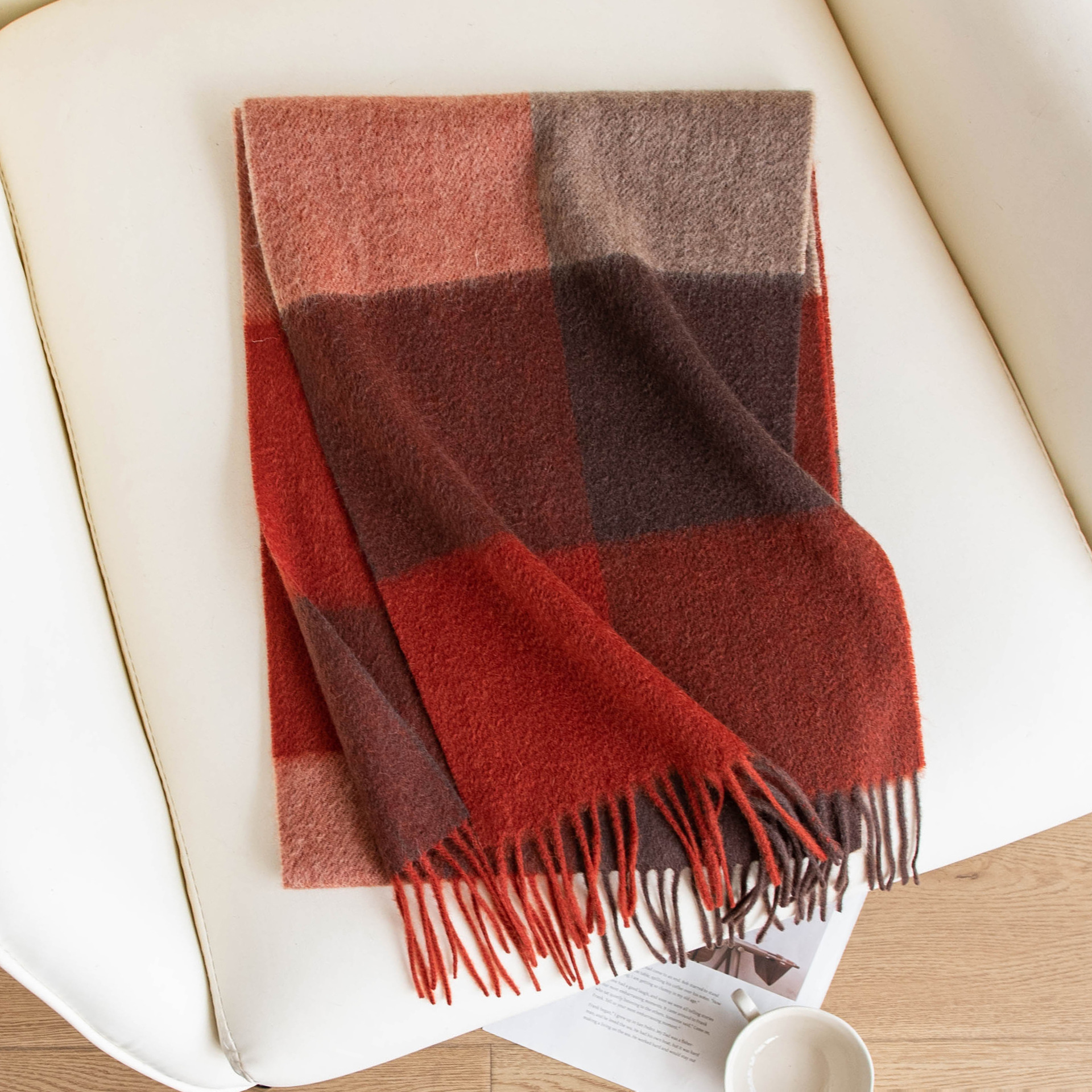 The Cashmere Plaid Scarf in Red Brown
