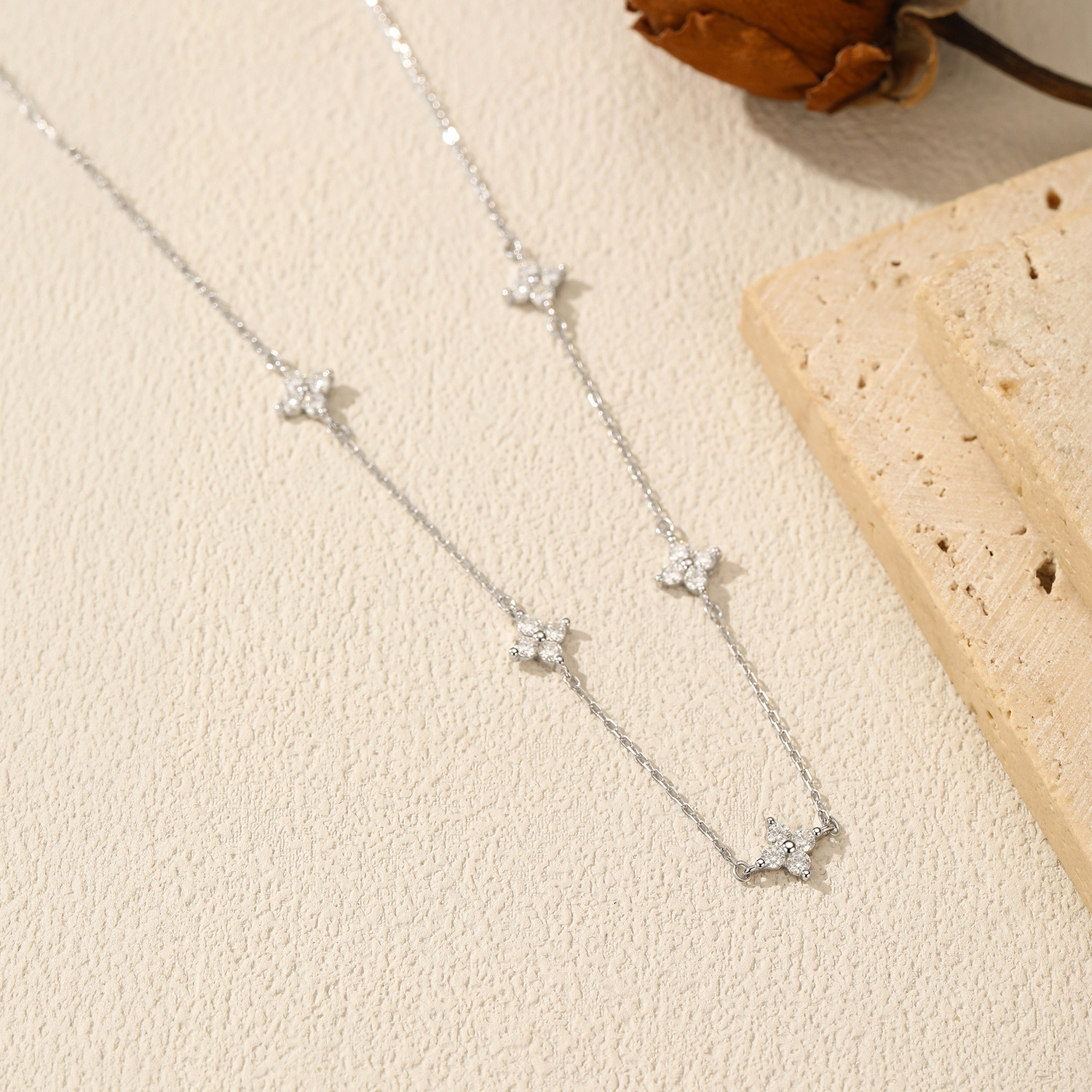The D Color Moissanite S925 Sterling Silver Four Leaf Clavicle Chain - Image 4