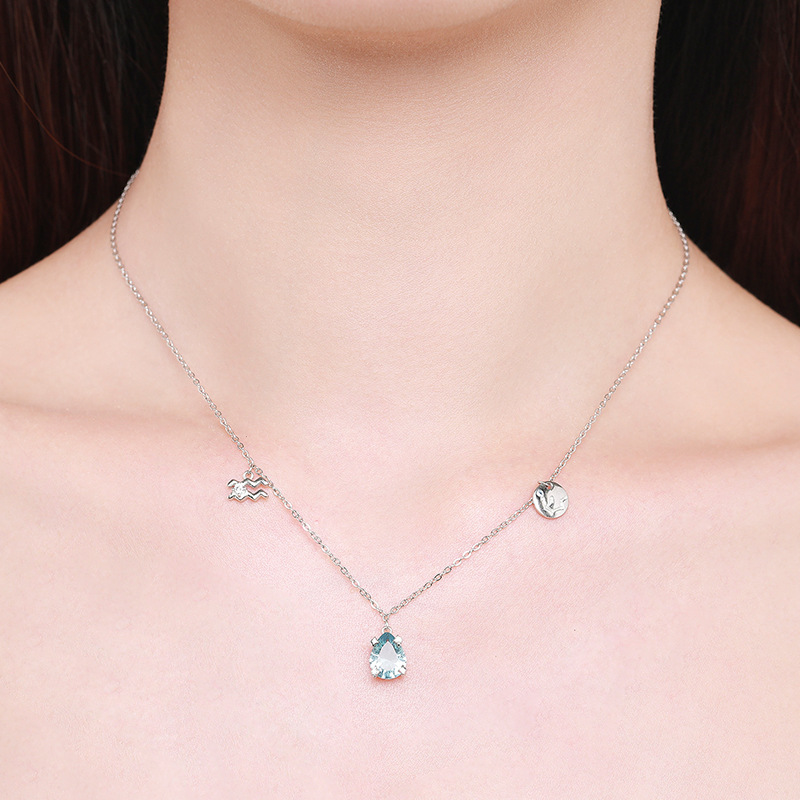 The S925 Sterling Silver Aquamarine Drop Zodiac Necklace - Image 2