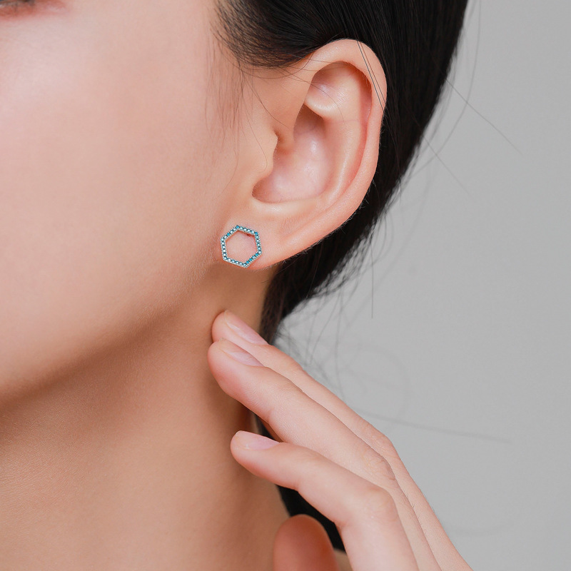 The S925 Sterling Silver Hexagon Turquoise Hollow Earrings - Image 2