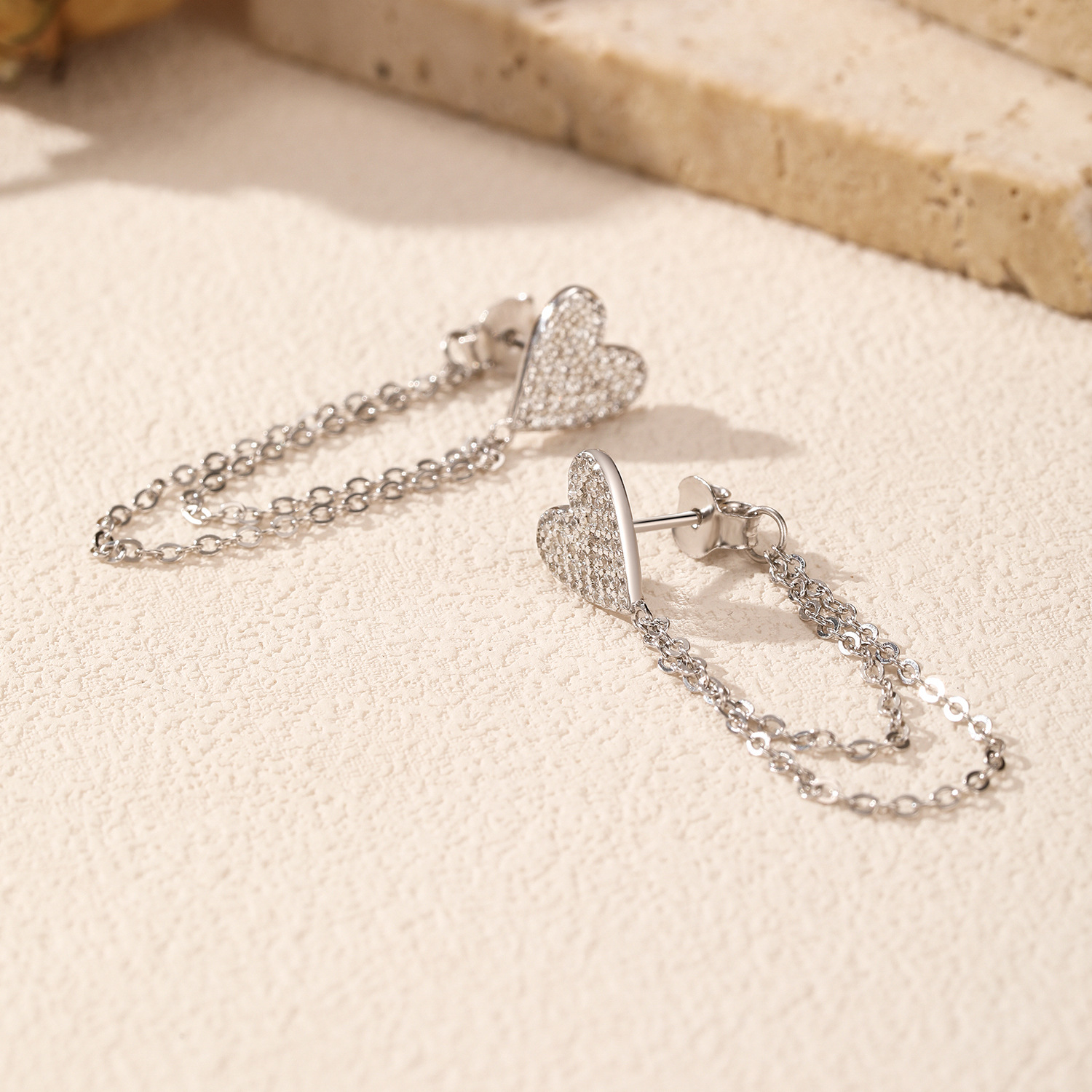 The S925 Silver Heart Rhinestone Tassel Earrings - Image 4