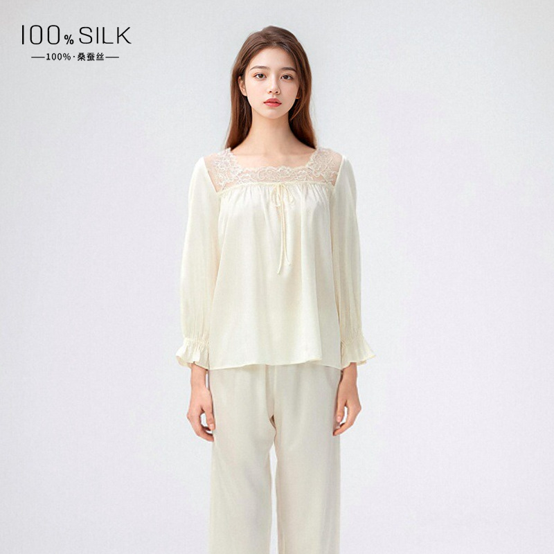 The 100% Mulberry Silk Square Neck Long Sleeve Pajama Set - Image 2