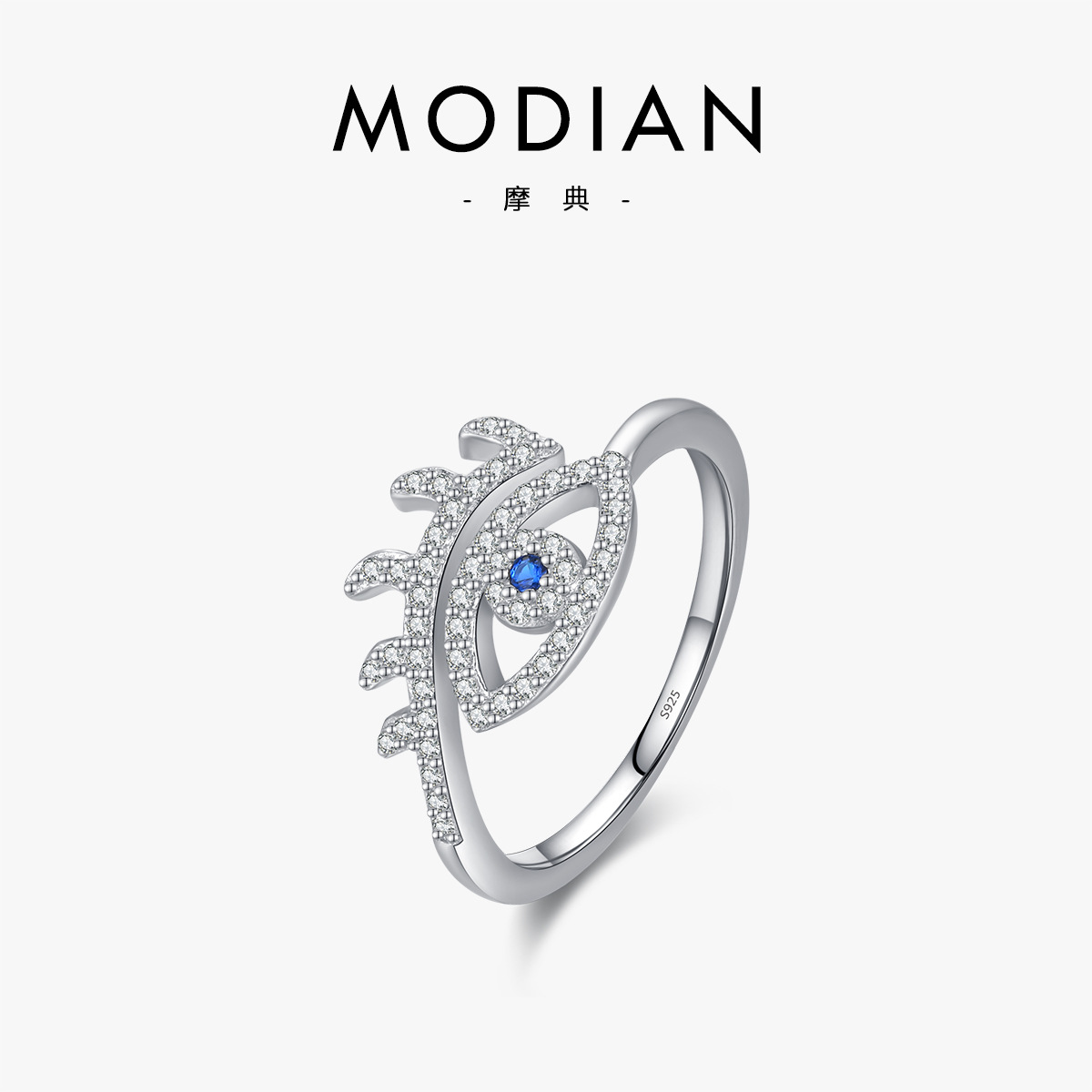 The S925 Sterling Silver Rhinestone Evil Eye Open Ring