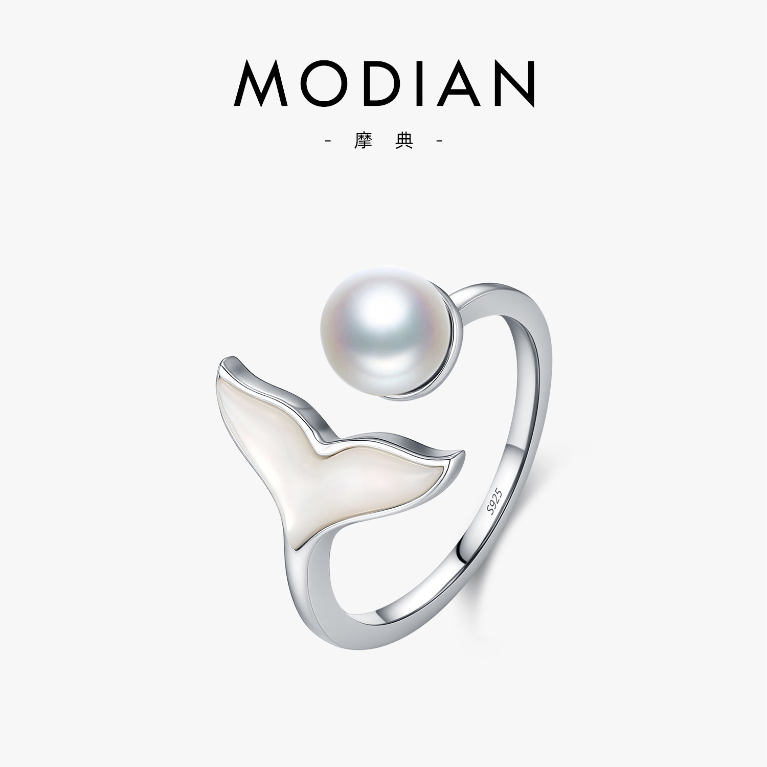 The S925 Sterling Silver Pearl Mermaid Tail Adjustable Open Ring