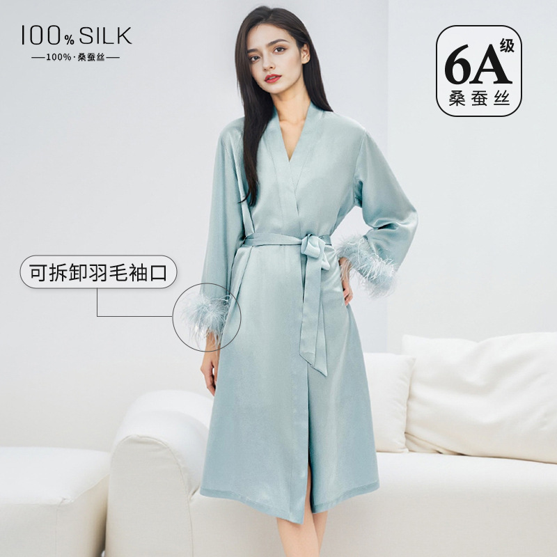 The 19 Momme 100% Mulberry Silk Robe with Detachable Feather Cuff