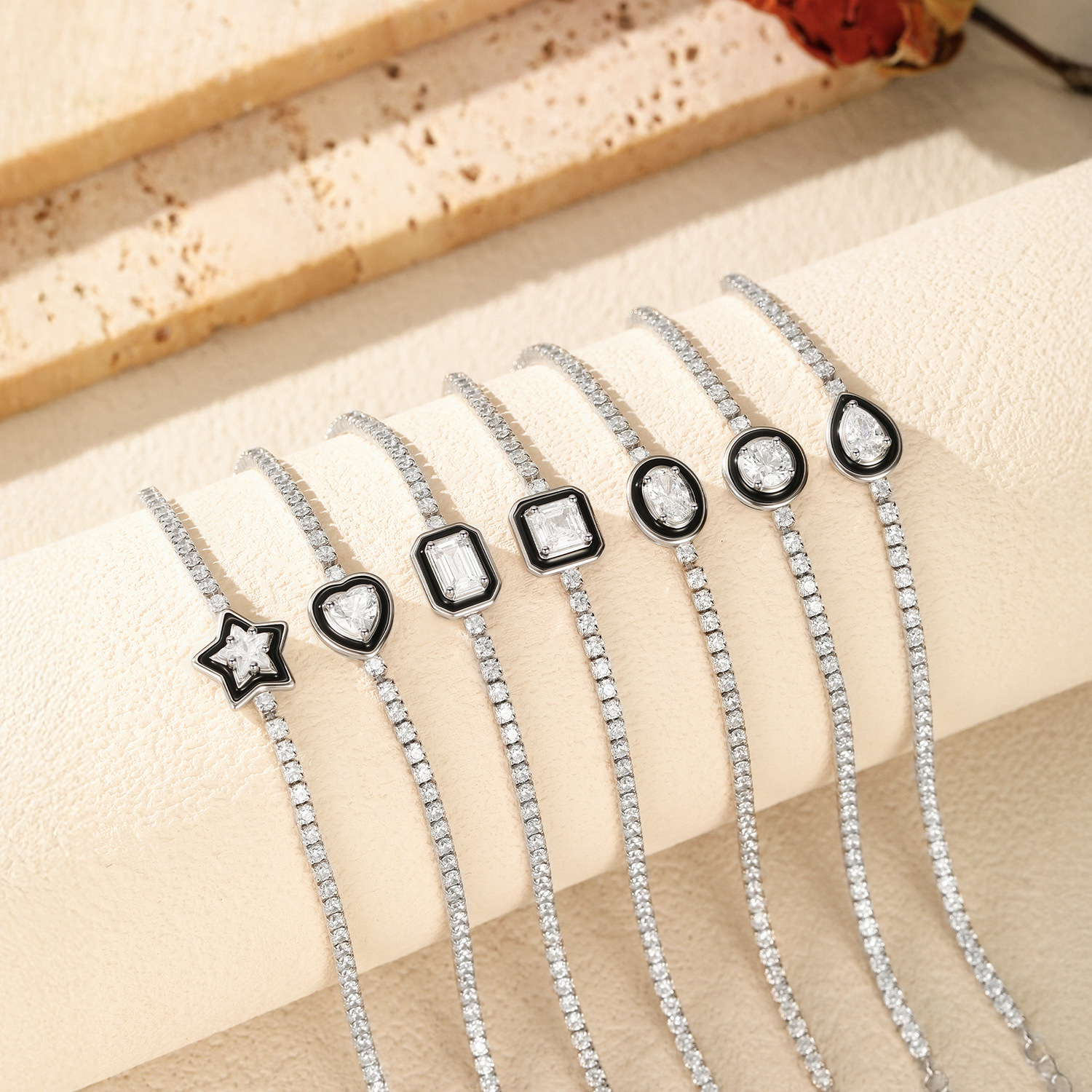 The S925 Sterling Silver Black Enamel Geometric Tennis Bracelet - Image 4
