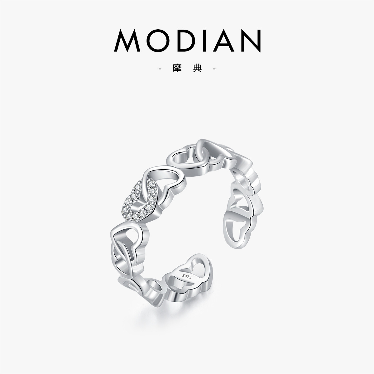 The S925 Silver Hollow Interlocking Heart Ring with Shiny Diamond