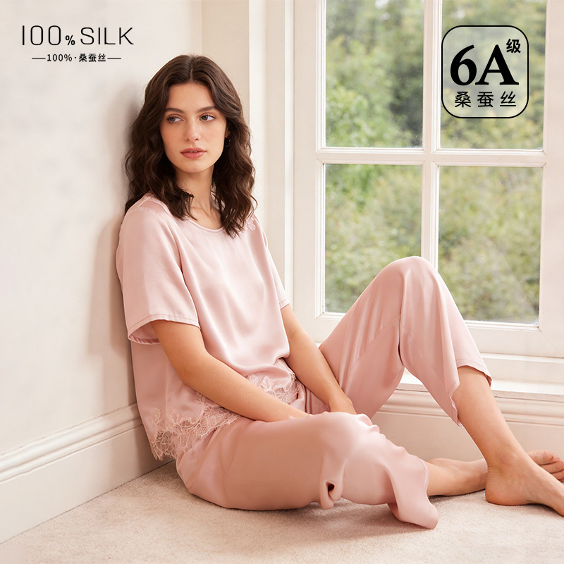 The 100% Mulberry Silk Short Sleeve Round Neck Pajama Set - Image 4