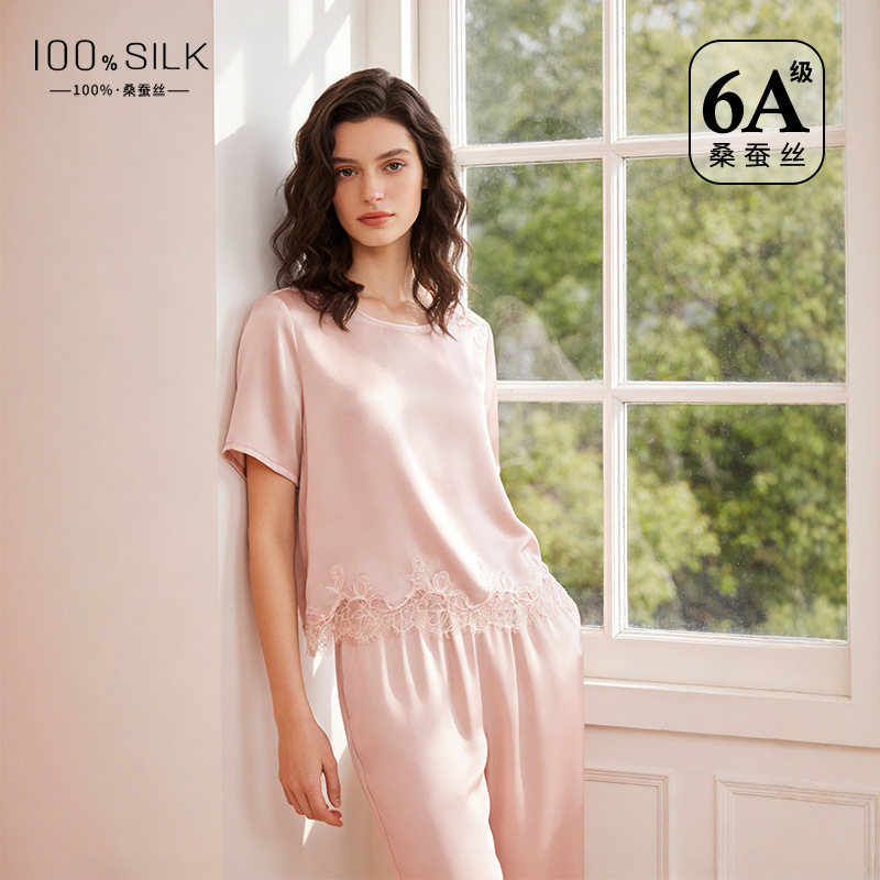 The 100% Mulberry Silk Short Sleeve Round Neck Pajama Set - Image 2